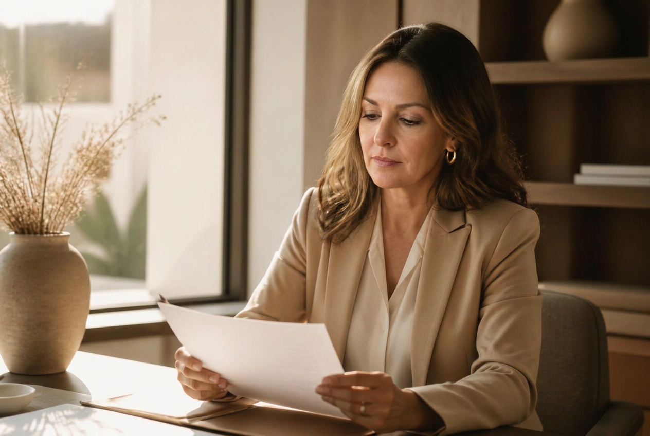 Mujer profesional revisando con calma sus documentos financieros