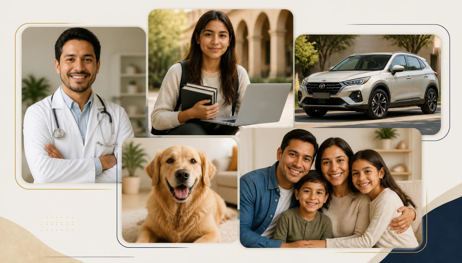 Collage de protección: un doctor, una estudiante universitaria, un auto, un perro y una familia con papá, mamá y dos hijos.