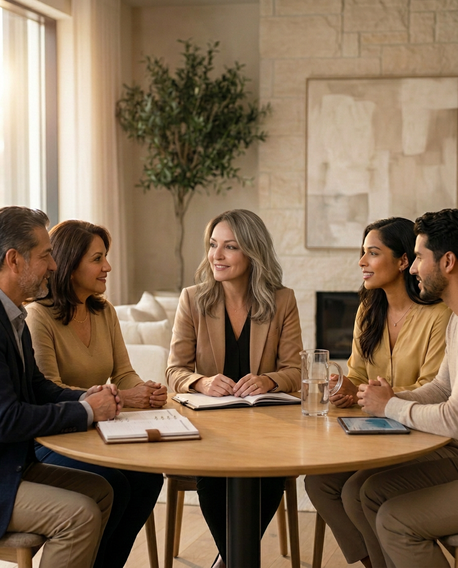 Susana asesorando a dos parejas sobre protección financiera